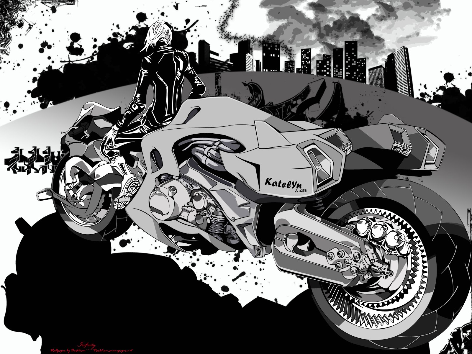 Monochrome anime Air Gear scene: rider beside a stylized futuristic bike against a splattered, silhouetted city — HD PC desktop wallpaper/background.