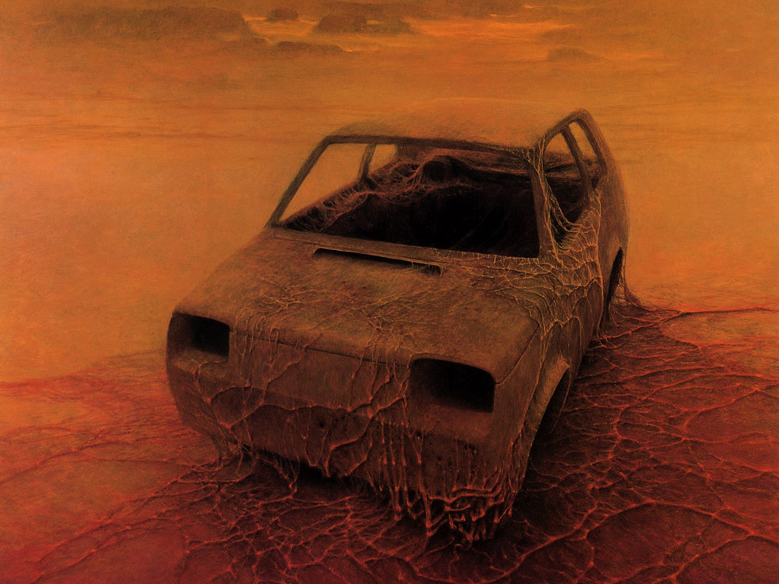 HD Sci-Fi post-apocalyptic desktop wallpaper featuring a rusted, decaying car in a barren, reddish landscape.