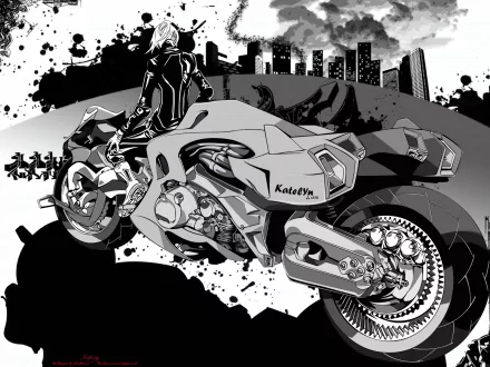 Monochrome anime Air Gear scene: rider beside a stylized futuristic bike against a splattered, silhouetted city — HD PC desktop wallpaper/background.