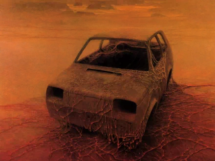 HD Sci-Fi post-apocalyptic desktop wallpaper featuring a rusted, decaying car in a barren, reddish landscape.