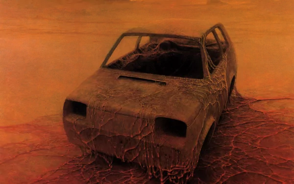 HD Sci-Fi post-apocalyptic desktop wallpaper featuring a rusted, decaying car in a barren, reddish landscape.