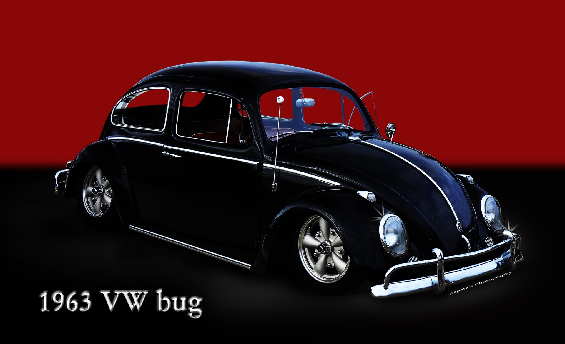 HD desktop wallpaper featuring a classic 1963 Volkswagen Beetle car against a bold red and black background.