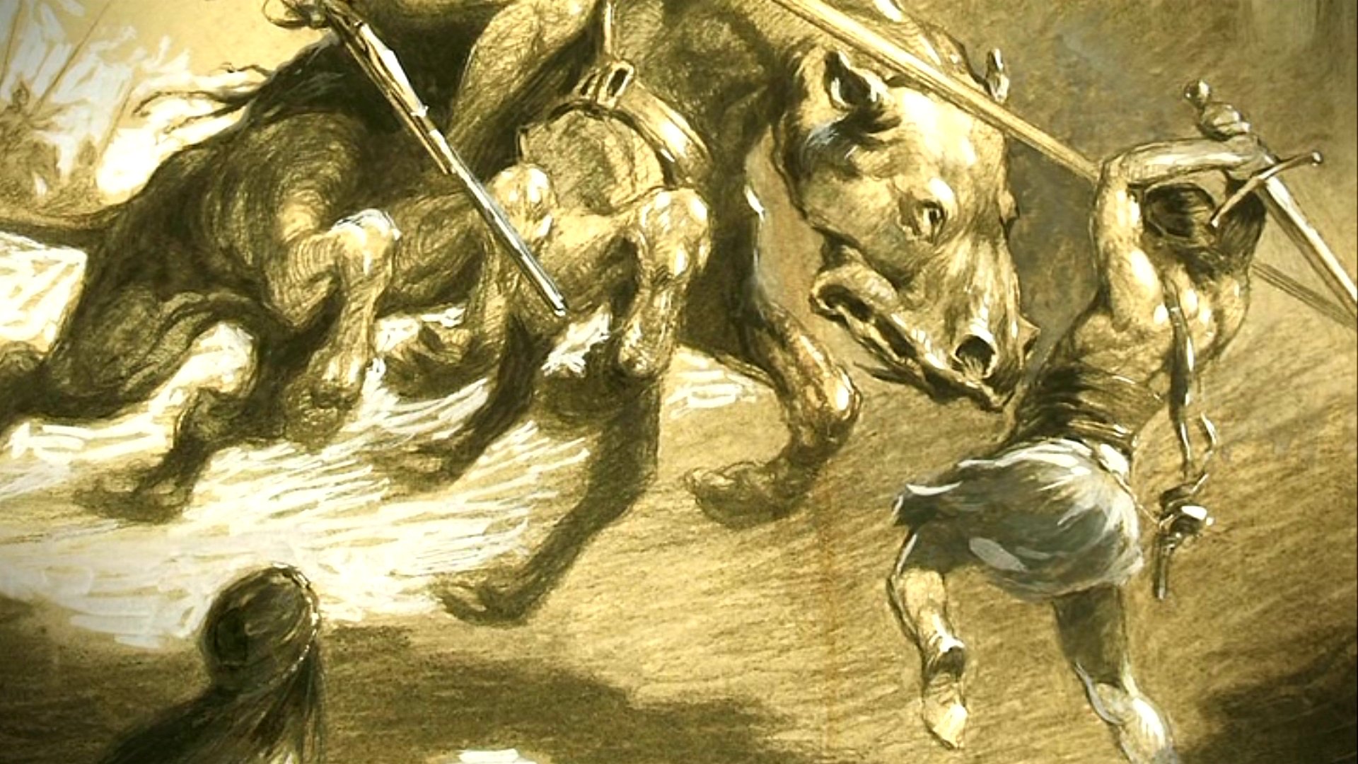 HD PC desktop wallpaper and background from the movie John Carter: sepia-toned battle scene of a warrior leaping to confront charging, horned, bull-like beasts.