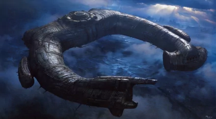 HD PC desktop wallpaper featuring a detailed spaceship from the movie Prometheus against a cloudy, atmospheric background.