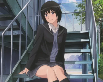 Anime-style HD PC desktop wallpaper featuring a character from Amagami sitting on outdoor stairs with a calm expression and soft natural lighting.