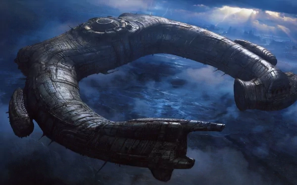 HD PC desktop wallpaper featuring a detailed spaceship from the movie Prometheus against a cloudy, atmospheric background.