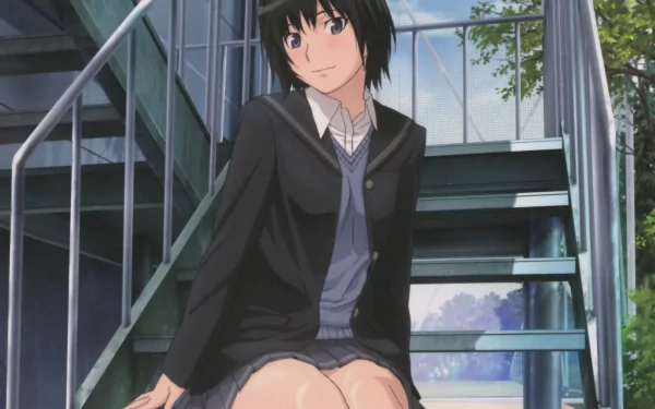 Anime-style HD PC desktop wallpaper featuring a character from Amagami sitting on outdoor stairs with a calm expression and soft natural lighting.