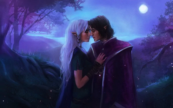 HD desktop wallpaper of a romantic fantasy scene showing a couple of elves embracing under a moonlit night in a mystical forest. The sky is painted in deep blues and purples, enhancing the magical atmosphere.
