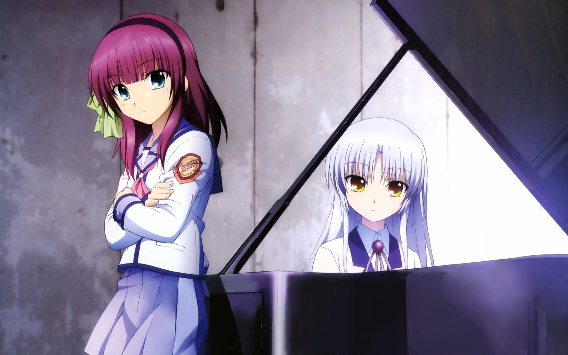 Yuri Nakamura and Kanade Tachibana from the anime *Angel Beats!* pose against a dramatic backdrop, capturing a moment filled with emotion in this HD wallpaper.