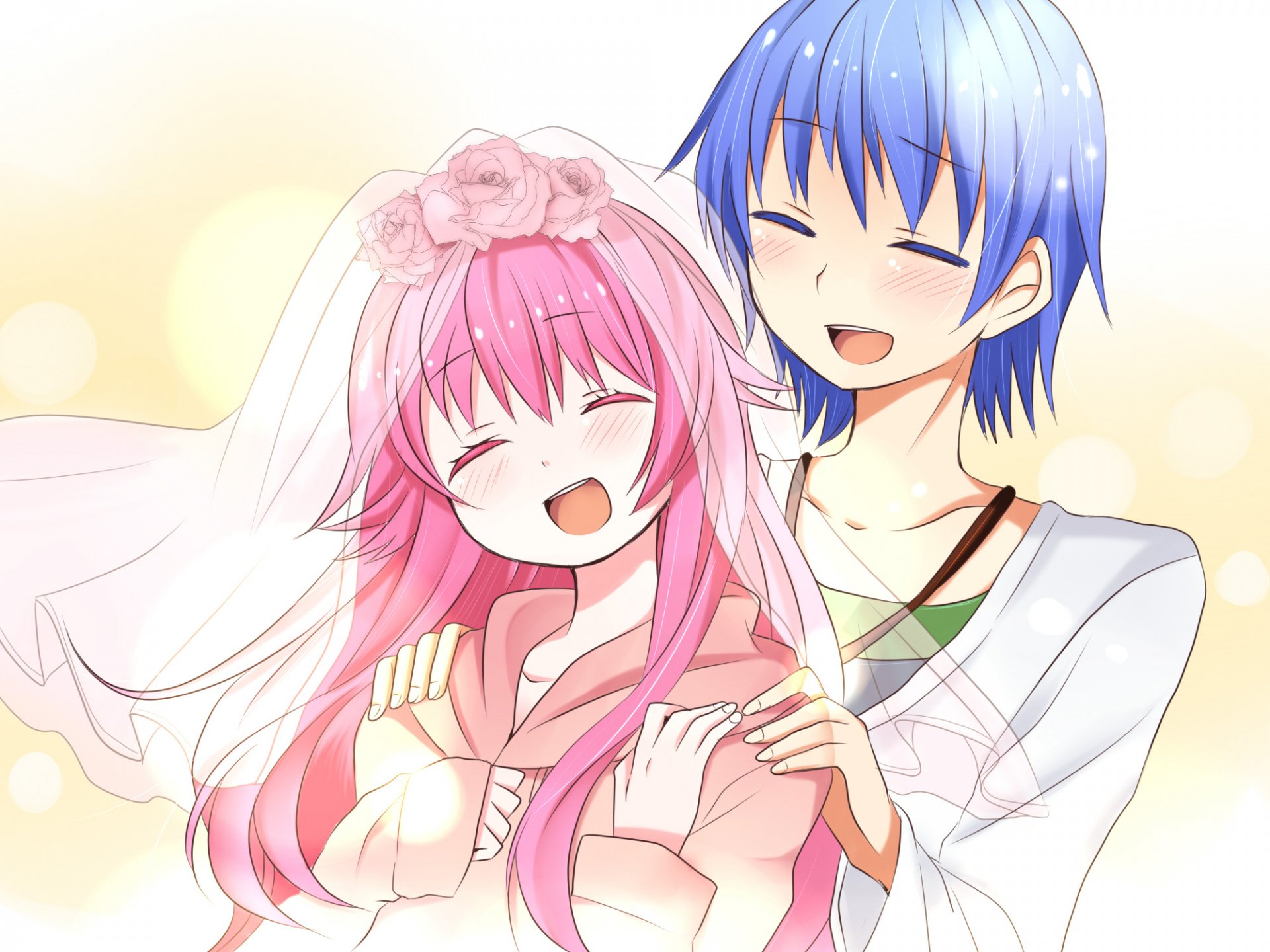HD anime desktop wallpaper featuring Hinata Hideki and Yui from Angel Beats!, with Yui wearing a bridal veil and both characters smiling joyfully.