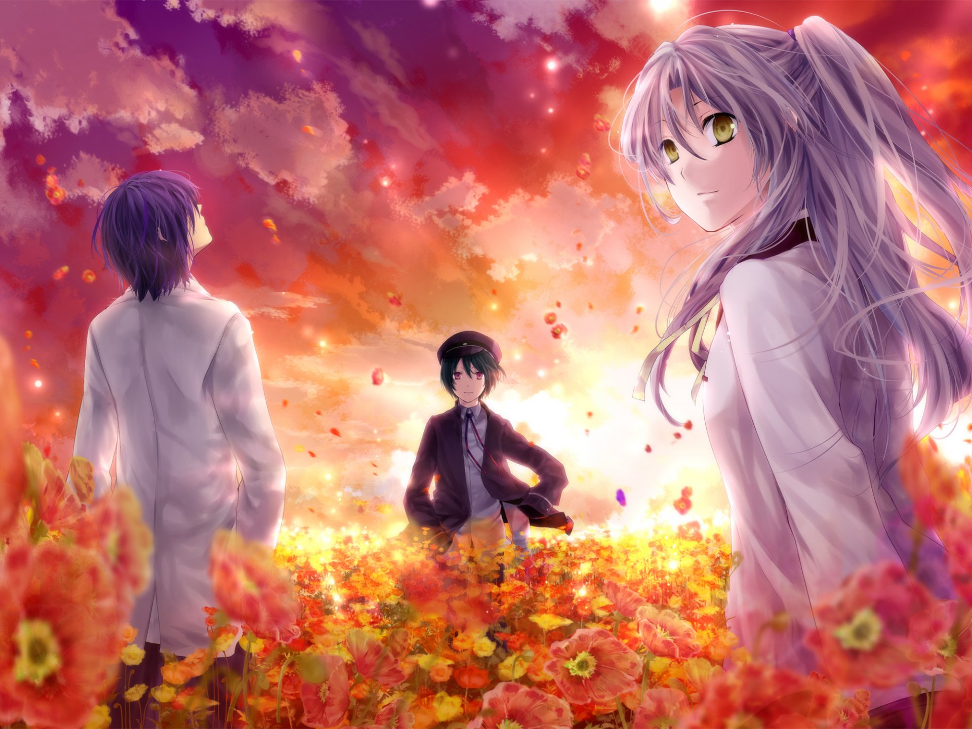 HD PC wallpaper of Angel Beats! — Kanade Tachibana, Ayato Naoi and Fujimaki standing in a glowing sunset flower field, warm orange sky and falling petals.