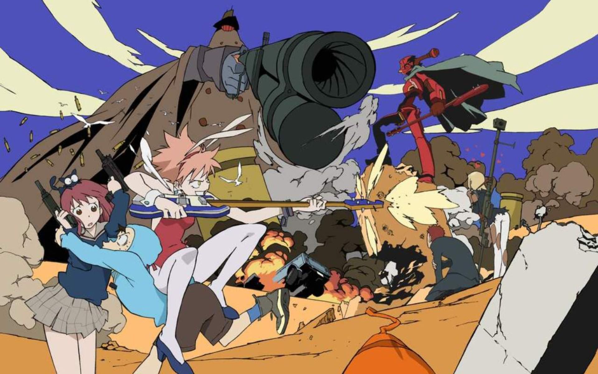 Anime FLCL HD PC desktop wallpaper: dynamic action scene with characters charging past explosions and a giant cannon, vivid colors and energetic motion.