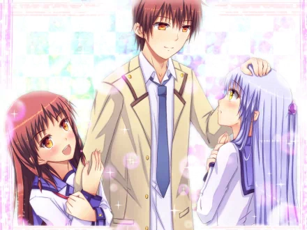 HD anime wallpaper featuring Hatsune Otonashi, Yuzuru Otonashi, and Kanade Tachibana from Angel Beats! in a bright, pastel-colored scene.