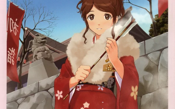 Anime Amagami HD PC desktop wallpaper and background: young woman in a red kimono with a fur collar holding a lit incense stick at a shrine, stone guardian statue and banners behind her.
