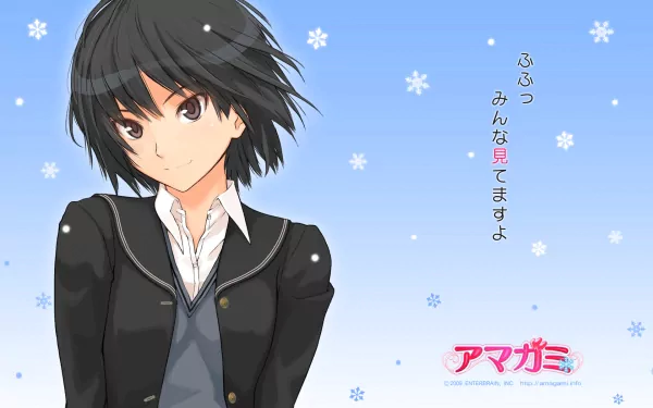 Anime-style HD desktop wallpaper featuring a character from Amagami with short black hair, wearing a school uniform, set against a blue background with falling snowflakes.