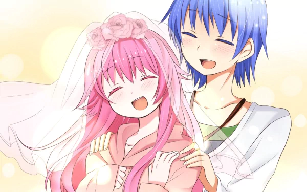 HD anime desktop wallpaper featuring Hinata Hideki and Yui from Angel Beats!, with Yui wearing a bridal veil and both characters smiling joyfully.