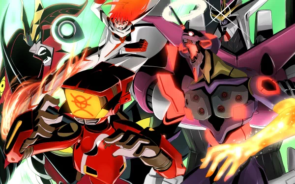 HD PC desktop wallpaper featuring a dynamic anime crossover with characters and mechas from Diebuster, FLCL, Tengen Toppa Gurren Lagann, and Neon Genesis Evangelion.