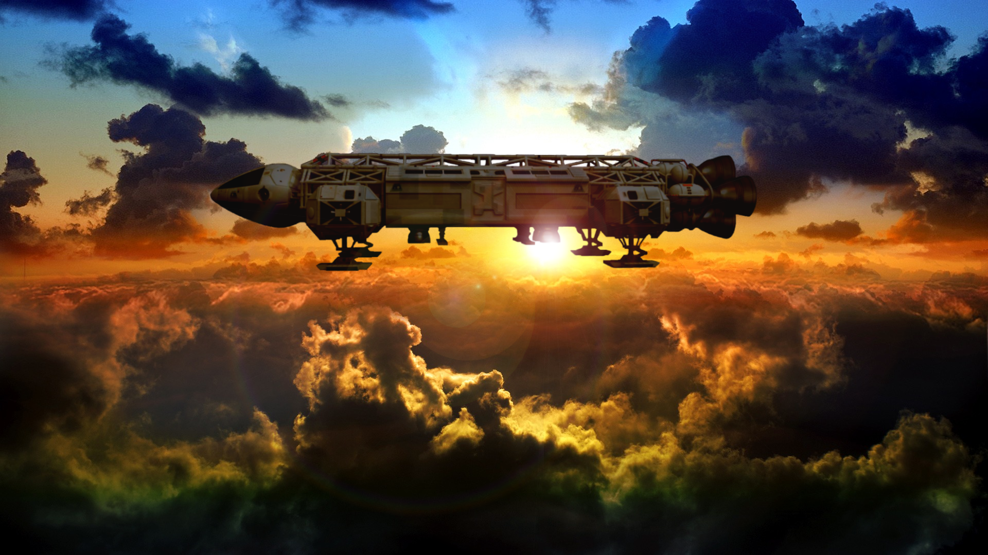 HD PC desktop wallpaper of a sci-fi sunrise over a planet, featuring a spaceship from the TV show Space 1999 against a dramatic space sky.