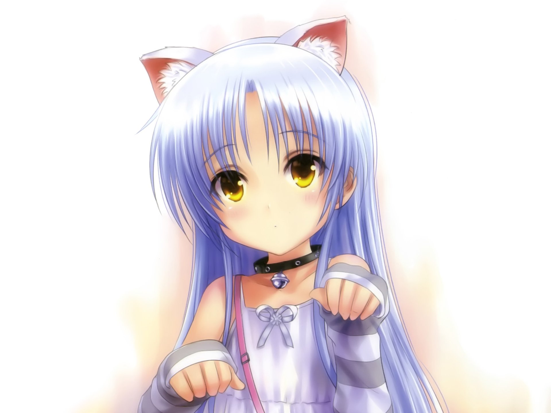 HD anime desktop wallpaper featuring Kanade Tachibana from Angel Beats! with cat ears, long silver hair, and golden eyes, wearing a choker and a light purple outfit.