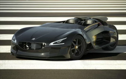 Sleek black Peugeot concept sports car on striped pavement, high-definition PC desktop wallpaper/background.