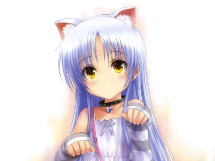 HD anime desktop wallpaper featuring Kanade Tachibana from Angel Beats! with cat ears, long silver hair, and golden eyes, wearing a choker and a light purple outfit.