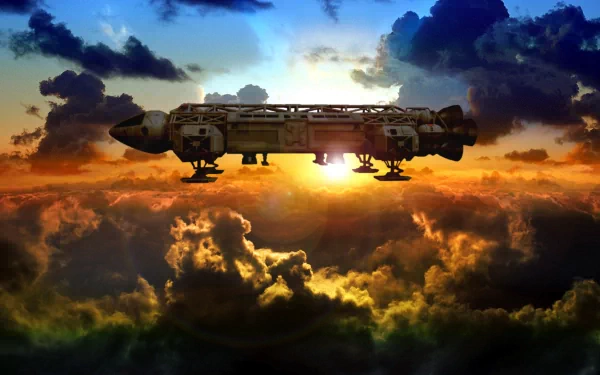 HD PC desktop wallpaper of a sci-fi sunrise over a planet, featuring a spaceship from the TV show Space 1999 against a dramatic space sky.