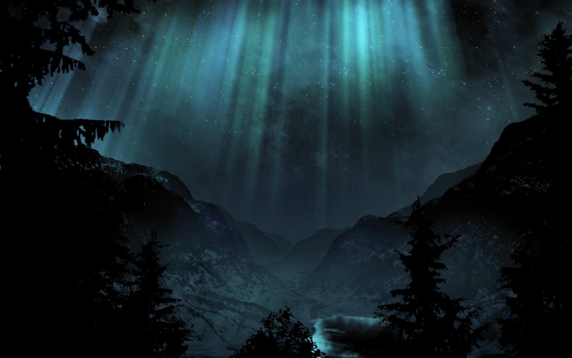 A captivating landscape featuring dark mountains illuminated by ethereal beams of light, surrounded by dense trees. This striking nature scene serves as an HD desktop wallpaper.