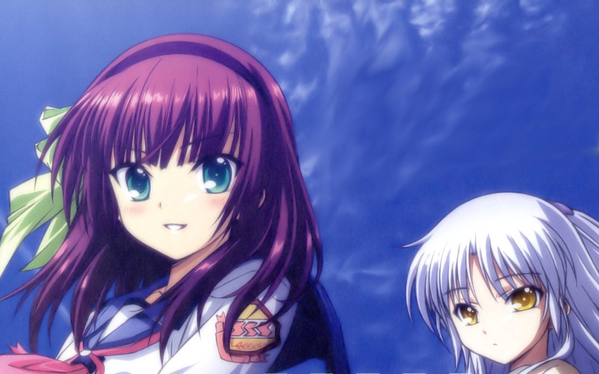HD PC wallpaper of Angel Beats! characters Yuri Nakamura and Kanade Tachibana: Yuri with purple hair and ribbon smiling, Kanade with silver hair gazing calmly against a blue sky background.