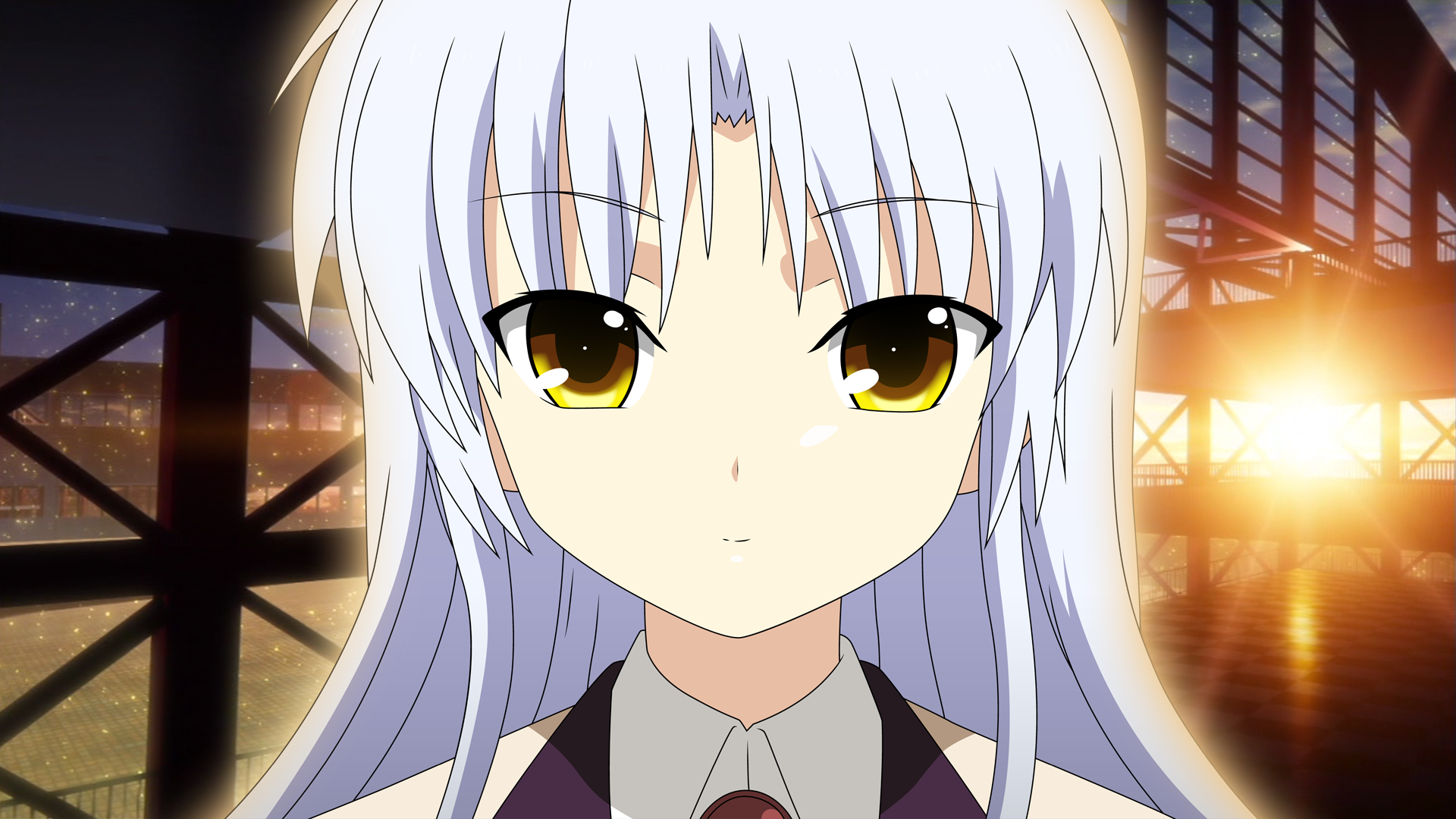 HD PC wallpaper of Kanade Tachibana from Angel Beats! — close-up portrait with long silver hair, golden eyes, and warm sunset light streaming through window frames.