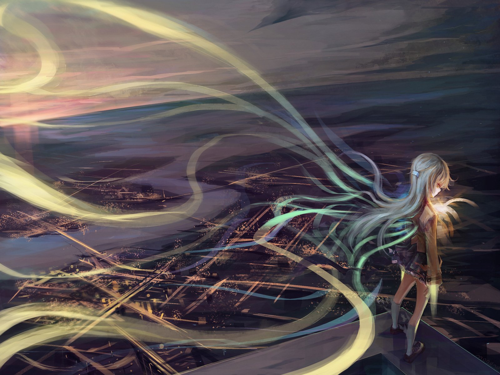 HD desktop wallpaper featuring Kanade Tachibana from the anime Angel Beats!, with glowing ribbons swirling around her against a dark, atmospheric cityscape background.