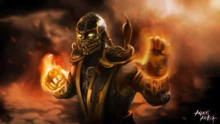 A high-definition desktop wallpaper featuring Scorpion, the fiery warrior from the video game Mortal Kombat, with flames emanating from his hands amid a dark, smoky background.