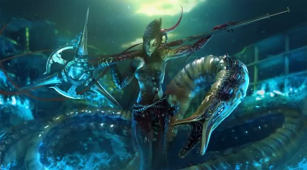 A powerful sorceress stands triumphantly with a magical spear, surrounded by a vibrant sea monster in an enchanting underwater scene, blending fantasy and mystique.