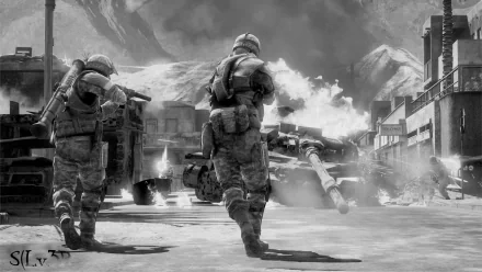 Two soldiers advance cautiously through a war-torn landscape, with a damaged tank in the background, capturing the intense atmosphere of Battlefield: Bad Company 2.
