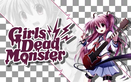 HD PC desktop wallpaper and background: Yui (Angel Beats!) — pink-haired anime girl from Angel Beats! playing an electric guitar beside the Girls Dead Monster logo.