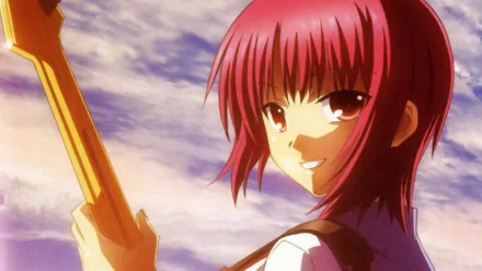 Masami Iwasawa from Angel Beats! smiles while holding a guitar against a backdrop of clouds, captured in a vibrant HD anime wallpaper.