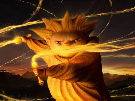 Sandman (Rise of the Guardians) conjuring glowing golden sand streams over a sunset mountain horizon — 2K Quad HD PC desktop wallpaper/background from the movie Rise of the Guardians.