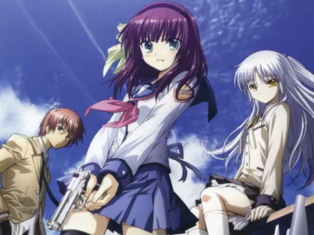 An HD wallpaper featuring characters Yuzuru Otonashi, Yuri Nakamura, and Kanade Tachibana from the anime Angel Beats! against a clear blue sky background.