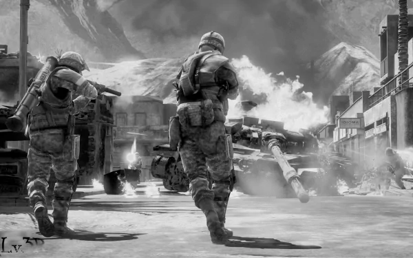 Two soldiers advance cautiously through a war-torn landscape, with a damaged tank in the background, capturing the intense atmosphere of Battlefield: Bad Company 2.