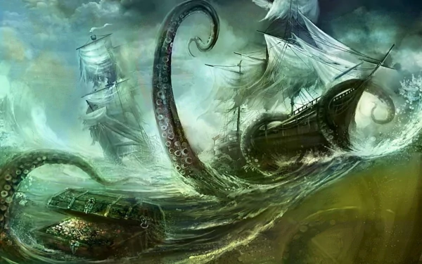 A stunning HD fantasy wallpaper depicting a kraken emerging from stormy seas, entwined around a ship, with waves crashing and treasure peeking through the depths.