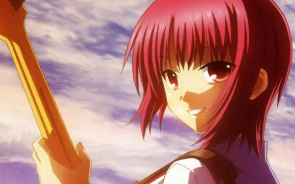 Masami Iwasawa from Angel Beats! smiles while holding a guitar against a backdrop of clouds, captured in a vibrant HD anime wallpaper.