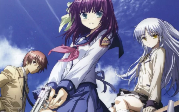 An HD wallpaper featuring characters Yuzuru Otonashi, Yuri Nakamura, and Kanade Tachibana from the anime Angel Beats! against a clear blue sky background.