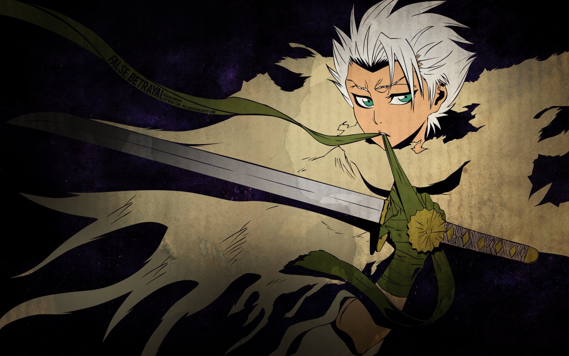HD PC desktop wallpaper of Tōshirō Hitsugaya from the anime Bleach, featuring his intense gaze and sword wrapped with green vines against a dark background.