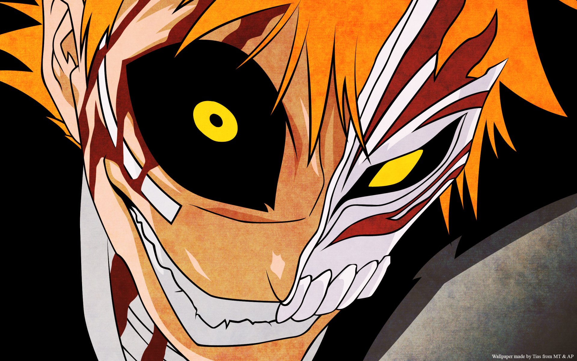 Ichigo Kurosaki (Bleach) half‑Hollow, grinning with a cracked mask and glowing yellow eyes — vivid anime 2K Quad HD PC desktop wallpaper/background.