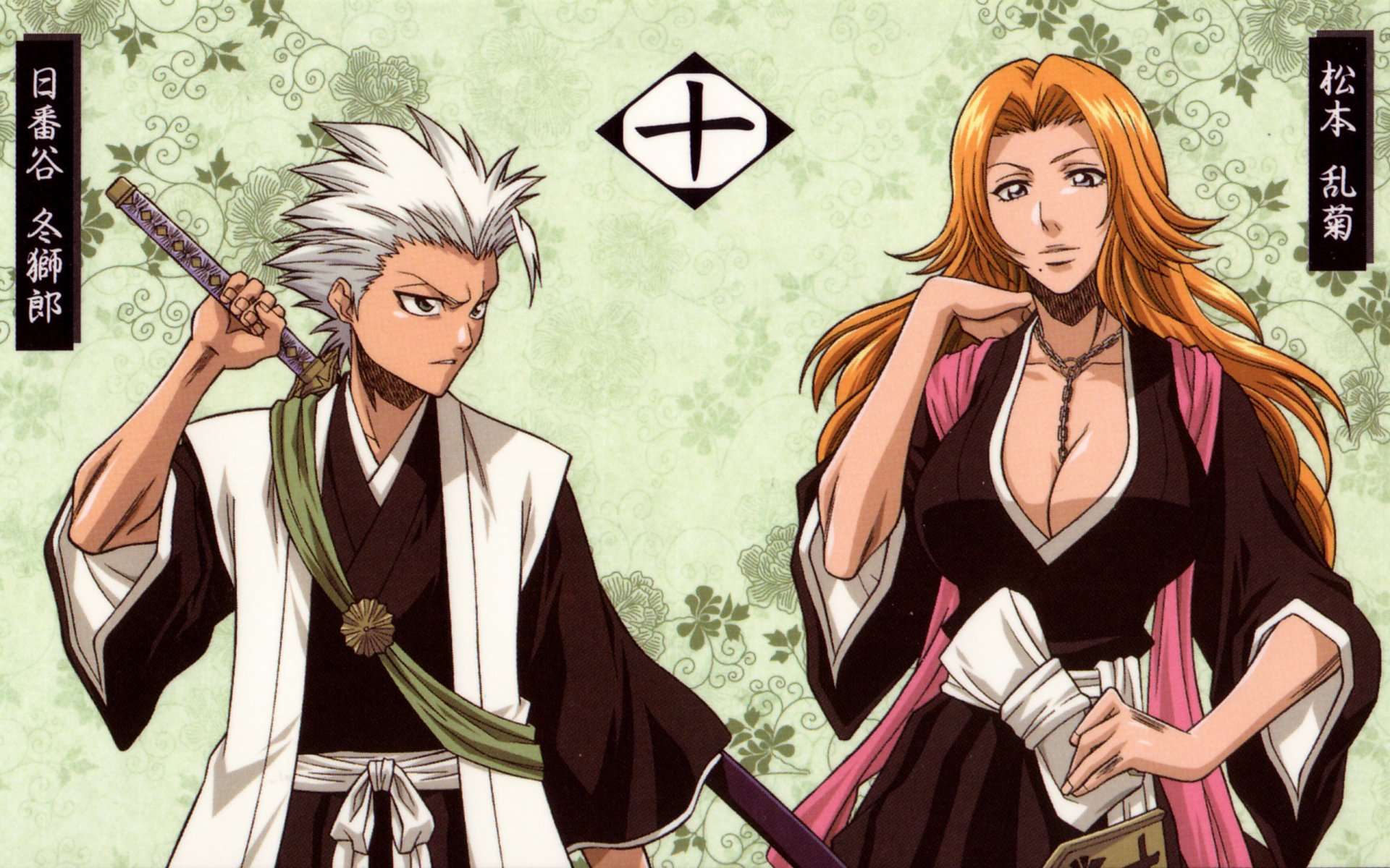 HD anime desktop wallpaper featuring Rangiku Matsumoto and Tōshirō Hitsugaya from Bleach, set against a decorative green background with Japanese text accents.