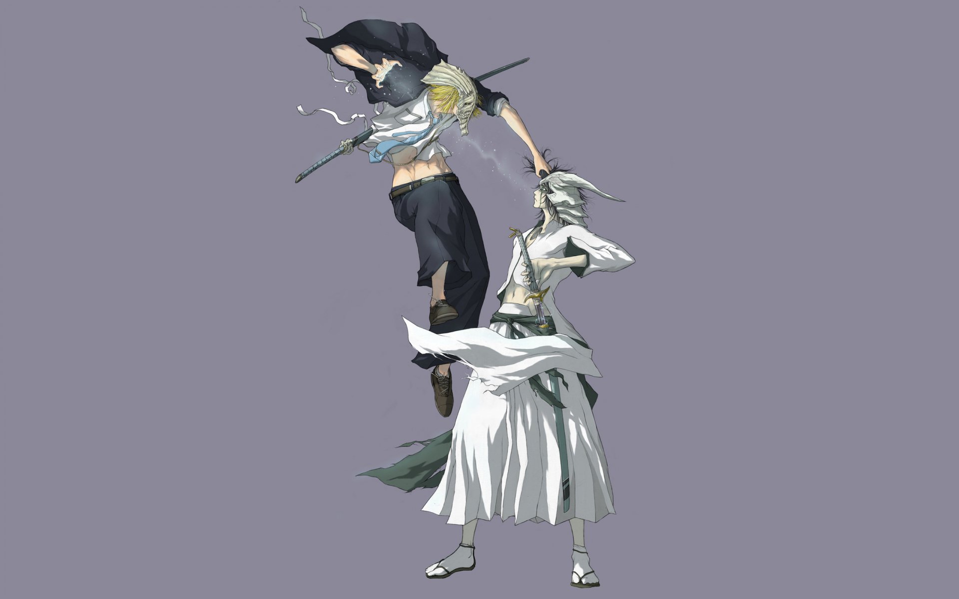 Ulquiorra Cifer and Shinji Hirako from Bleach in stylized full-body poses on a muted gray background — 2K Quad HD PC desktop wallpaper.