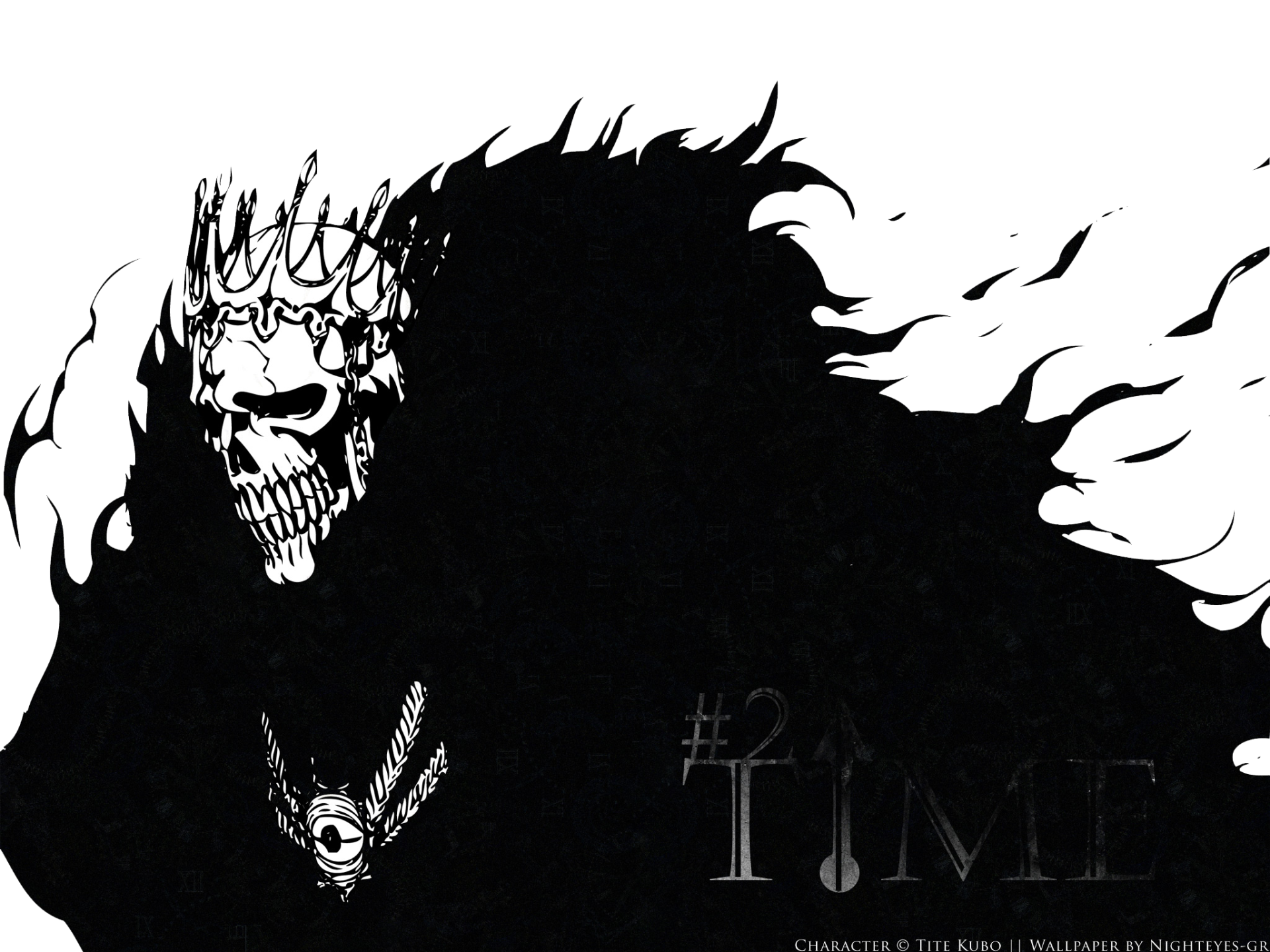 HD PC desktop wallpaper/background: Baraggan Louisenbairn (Bleach) — skeletal crowned anime figure emerging from black smoke on a stark, high-contrast black background.