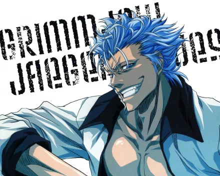 Grimmjow Jaegerjaquez from Bleach — anime portrait of a smirking blue-haired Arrancar in an open jacket, high-contrast 4K Ultra HD PC desktop wallpaper/background.