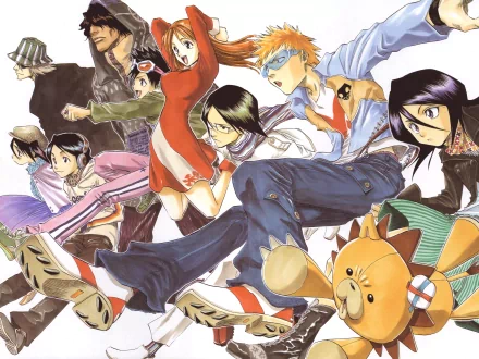 A dynamic group of characters from Bleach, including Ichigo Kurosaki, Rukia Kuchiki, and Orihime Inoue, captured in a vibrant 4K Ultra HD wallpaper.