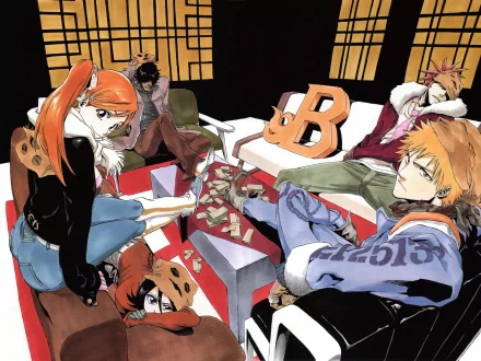 4K Ultra HD Bleach anime desktop wallpaper featuring Rukia Kuchiki, Orihime Inoue, Yasutora Sado, Renji Abarai, and Ichigo Kurosaki in a stylized indoor setting.