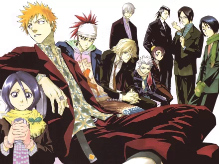 4K Ultra HD Anime wallpaper featuring Bleach characters Ichigo Kurosaki, Rukia Kuchiki, Byakuya Kuchiki, Uryu Ishida, Kisuke Urahara, Renji Abarai, Gin Ichimaru, Hitsugaya, Hanataro Yamada, and Momo Hinamori.